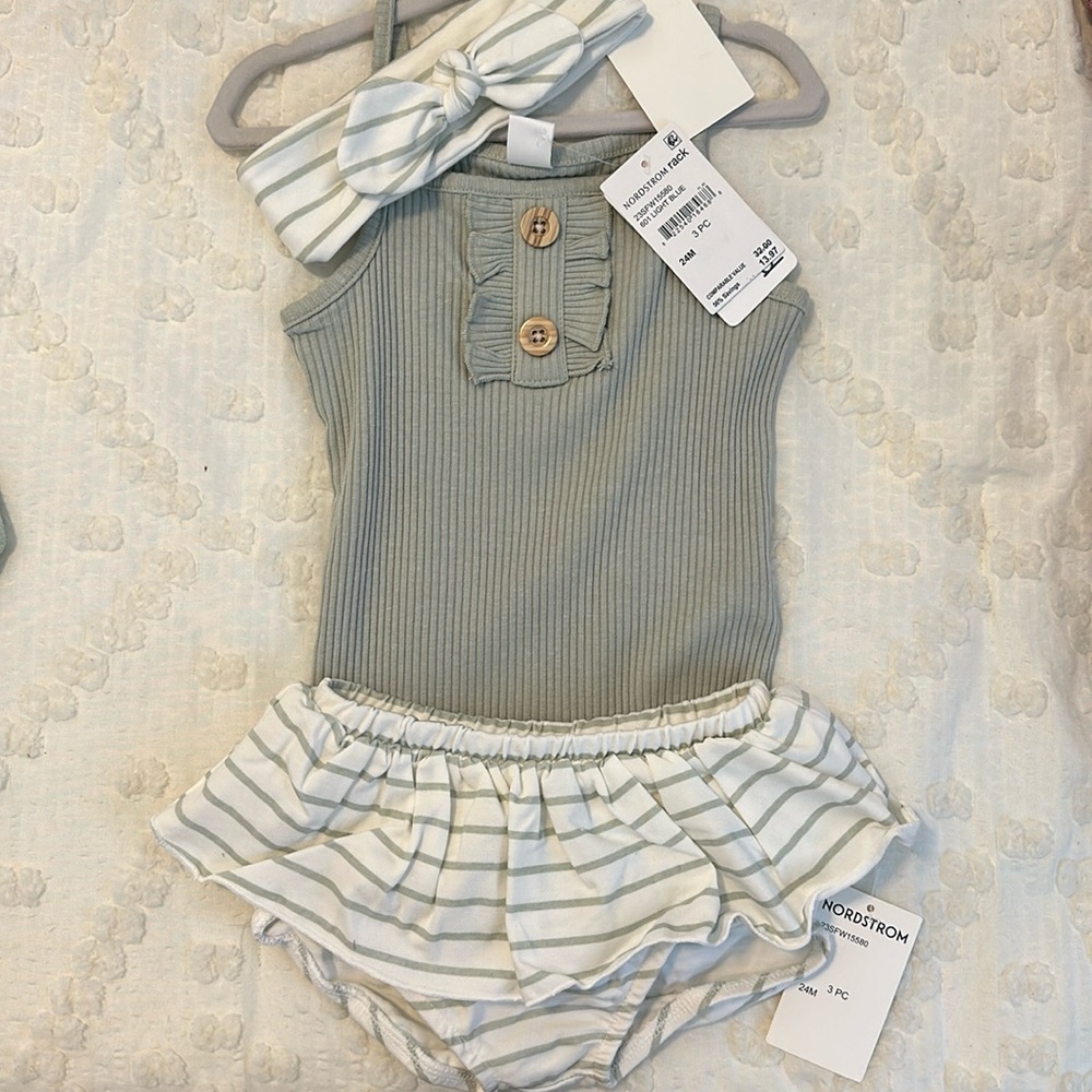Baby outfit-sage green bodysuit with cream and sage skirt and matching headband
